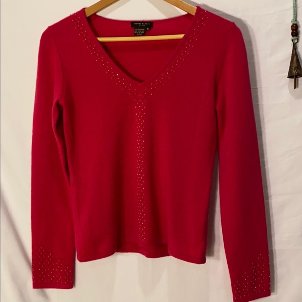 Henri Bendel pink cashmere beaded v neck sweater